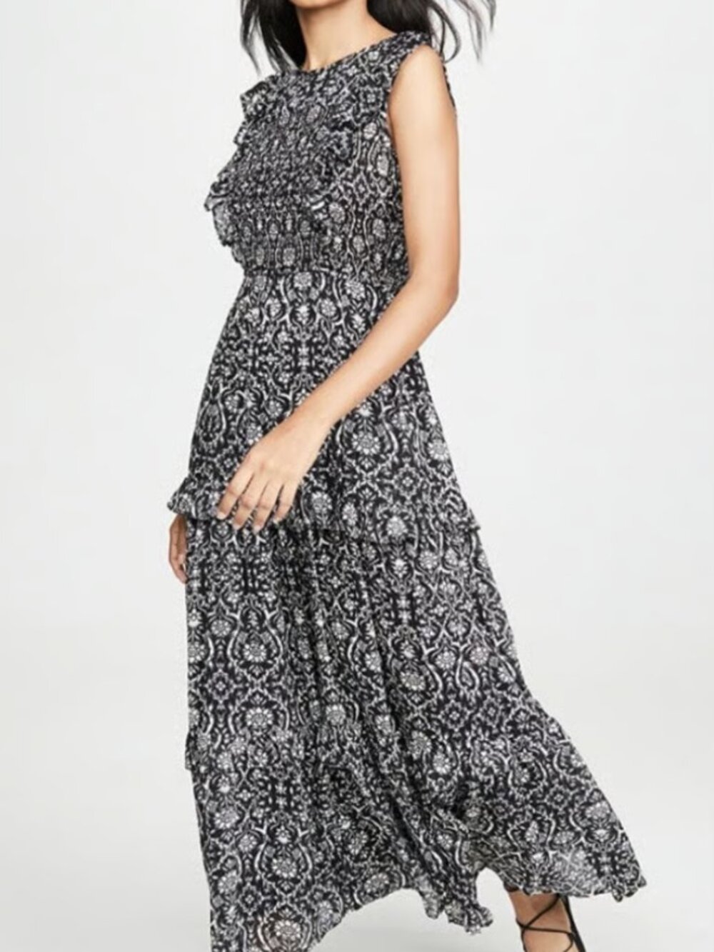 Banjanan Iris Floral Print Smocked Maxi Dress Sleeveless Black/White Size Small